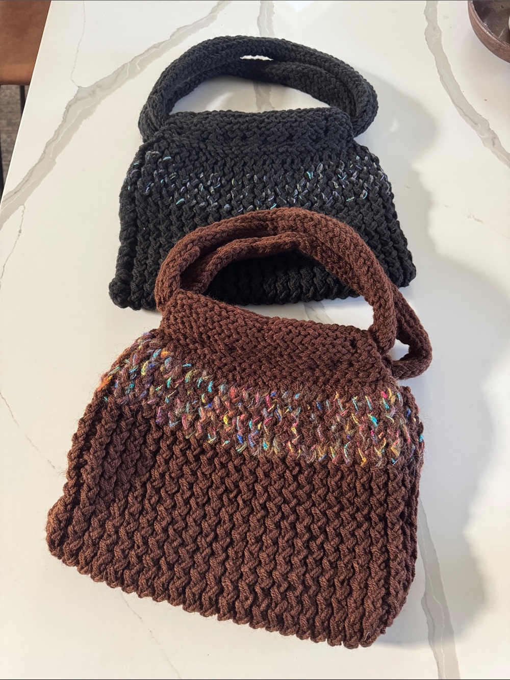 2 Hand-Knit Shoulder Bags Chocolate Brown & Black with Multicolor Accen